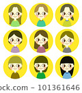 Pop and cute female face icon set round background 101361646