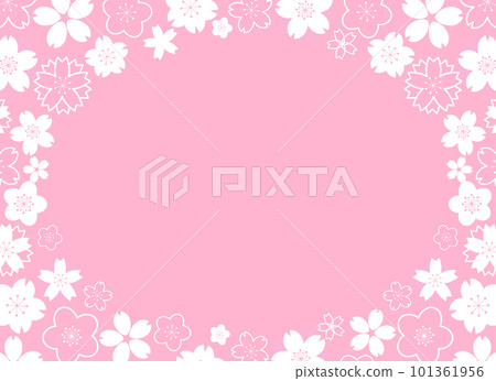 Horizontal frame with white geometrical sakura flowers on pink background 101361956