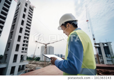 現場主管在施工現場檢查平板電腦 101363143