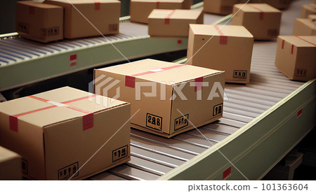 Row of brown boxes on conveyor belt in a big warehouse, Cardboard boxes in logistics warehouse, Packed courier on production line against, Generative AI Row of brown boxes on conveyor belt in a big warehouse, Cardboard boxes in logistics warehouse, Packed courier on production line against, Generative AI 101363604