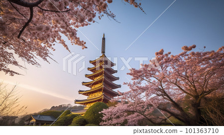 Sunset, cherry blossoms and five-storied pagoda 101363710
