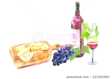 Illustration of wine and cheese painted by watercolor 101363984