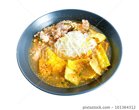 Tom Yum Thai style noodle with pork on white background 101364312