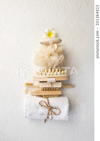 Spa and bathroom accessories on wooden tray, bath sea salt Spa and bathroom accessories on wooden tray, bath sea salt 101364815