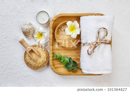 Spa and bathroom accessories on wooden tray, bath sea salt Spa and bathroom accessories on wooden tray, bath sea salt 101364827