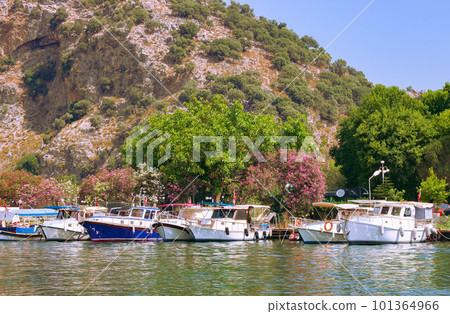 Touristic River Boats moored at the pier of the Dalyan River, Mugla, Turkey. Touristic River Boats moored at the pier of the Dalyan River, Mugla, Turkey. 101364966