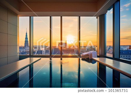 Room with a pool with a great view of the big city 101365731