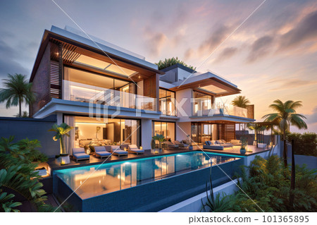 Exterior of a modern house with a pool in the garden Exterior of a modern house with a pool in the garden 101365895