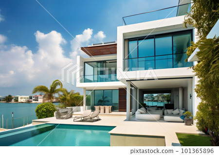 Exterior of a modern house with a pool in the garden Exterior of a modern house with a pool in the garden 101365896