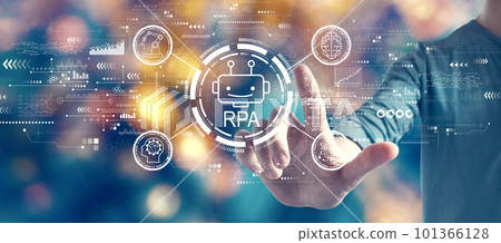 Robotic Process Automation theme with man on blurred city light background 101366128