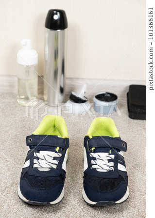 Children's blue sneakers for a preschooler and a set for cleaning them - foam, hydrophobic spray. Children's blue sneakers for a preschooler and a set for cleaning them - foam, hydrophobic spray. 101366161