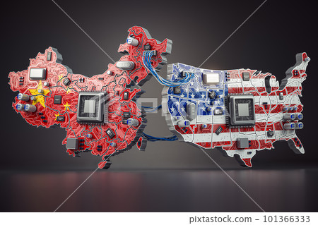 Semiconductor chip war between USA and China concept. Computer chips in from of China and USA map in colors of flags. 101366333