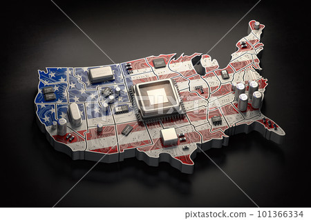 USA semiconductor industry, computer chips manufacturing  and artificial intelligenceconcept. Motherboard with CPU processor in form of map of United States. 101366334