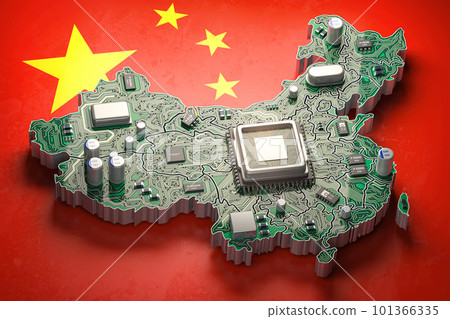 China semiconductor industry, computer chips manufacturing  and artificial intelligence concept. Motherboard with CPU processor in form of map of China 101366335
