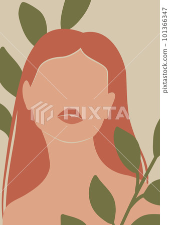 Abstract illustration of young woman with leaves. Contemporary art poster 101366347