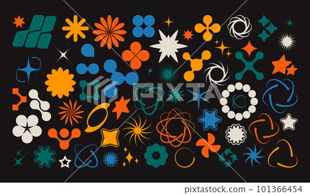 Colorful y2k shapes. Abstract retro futuristic stars and space objects, modern 90s flaship spaceship boomerang circle moon graphic. Vector geometric set Colorful y2k shapes. Abstract retro futuristic stars and space objects, modern 90s flaship spaceship boomerang circle moon graphic. Vector geometric set 101366454