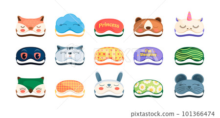 Cartoon sleeping masks. Cute face blindfold mockups, tired sleepy animal face protection, night spa accessories. Vector isolated set Cartoon sleeping masks. Cute face blindfold mockups, tired sleepy animal face protection, night spa accessories. Vector isolated set 101366474