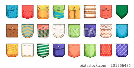Cartoon pockets collection. Cargo and patch pockets for clothes, casual uniform textile icons flat style, fashion fabric patches design. Vector isolated set 101366485