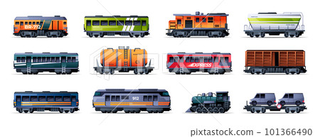 Cargo wagons. Cartoon transport wagon with cargo and containers, flat transport industrial van with cargo and goods. Vector isolated set Cargo wagons. Cartoon transport wagon with cargo and containers, flat transport industrial van with cargo and goods. Vector isolated set 101366490
