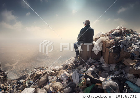 Man sitting on top of huge dump with a lot of plastic waste. Environmental pollution. Generative AI 101366731