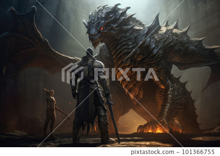 Man stands in front of huge dragon, fantasy world. Generative AI 101366755