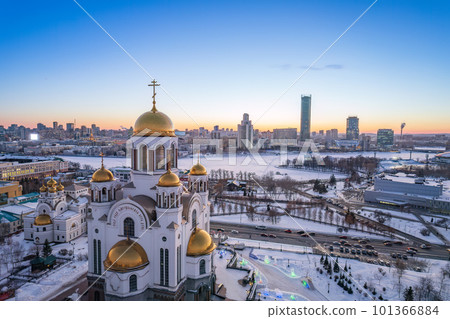Winter Yekaterinburg and Temple on Blood in beautiful blue clear sunset. Aerial view of Yekaterinburg, Russia. Translation of the text on the temple 101366884