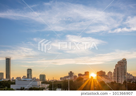 Panorama of spring or summer Yekaterinburg and Temple on Blood in orange sunset light. Yekaterinburg, Russia 101366907