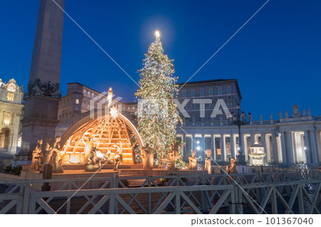 Nativity scene and Christmas tree in Vatican at night. 101367040