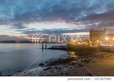 View on the sunset over Tagus river between Lisbon and Almada in Portugal. 101367060