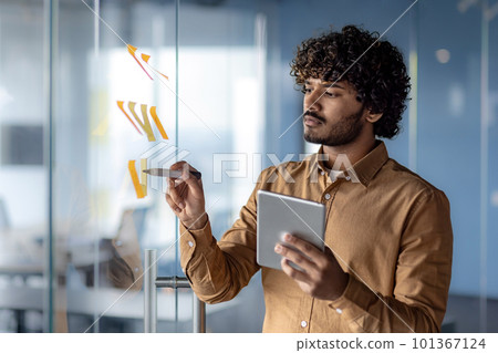 Thinking businessman at work inside office standing near glass board with colorful notes, hispanic thinking about plan strategy, man holding tablet computer close up. 101367124