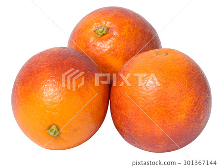 Three ripe red oranges on a white isolated background Three ripe red oranges on a white isolated background 101367144