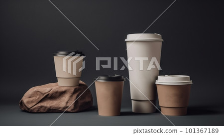 Blank brown disposable paper coffee cup with plastic lid mock-up isolated, black background. Empty polystyrene coffee drinking mug mockup front view. Clear plain tea take away package, cofe minimal. Blank brown disposable paper coffee cup with plastic lid mock-up isolated, black background. Empty polystyrene coffee drinking mug mockup front view. Clear plain tea take away package, cofe minimal. 101367189