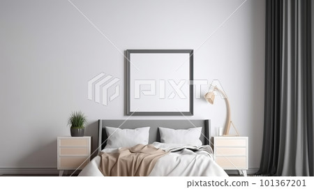 blank Framed poster mockup above double-size bed with furniture of minimal grey-white tone, A comfort bedroom with a small plant and lamp, and A mockup for Abstract Art. 101367201
