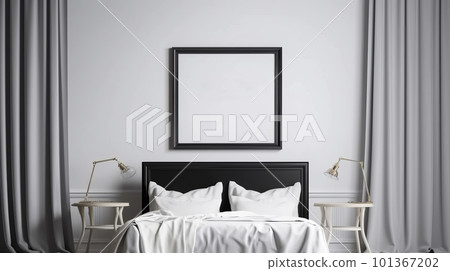 A big blank Framed poster mockup above a double-size bed with furniture of minimal grey-white tone, A comfort bedroom with a small plant and lamp, and A mockup for Abstract Art 101367202