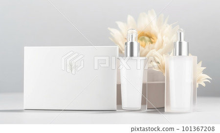 White carton product box set mockup for perfume product, Premium package of perfume decorated with flower, front view white background studio shot, A plain box packaging for the delivery product. White carton product box set mockup for perfume product, Premium package of perfume decorated with flower, front view white background studio shot, A plain box packaging for the delivery product. 101367208