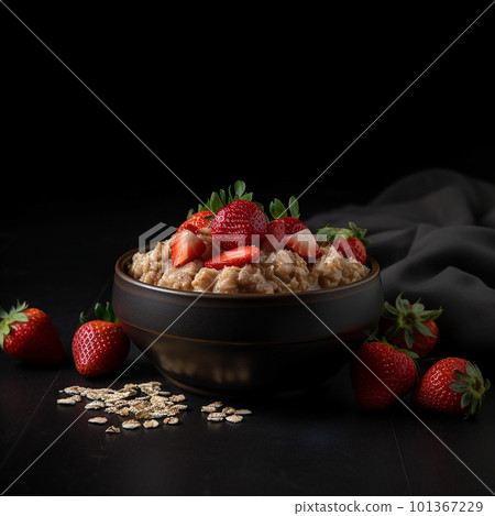 Appetizing delicious oatmeal with strawberries and cream isolated on black close-up, healthy breakfast dish, healthy food Appetizing delicious oatmeal with strawberries and cream isolated on black close-up, healthy breakfast dish, healthy food 101367229