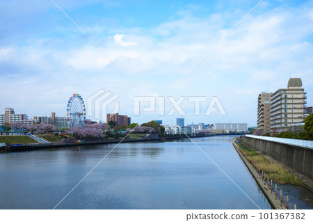 荒川遊樂園的新摩天輪和盛開的櫻花 荒川遊樂園的新摩天輪和盛開的櫻花 101367382