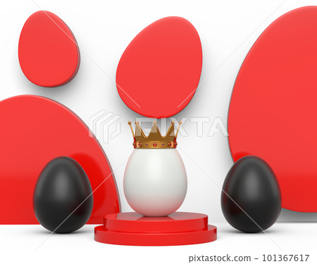 Black chicken eggs in row and unique white egg in gold royal crown on podium Black chicken eggs in row and unique white egg in gold royal crown on podium 101367617