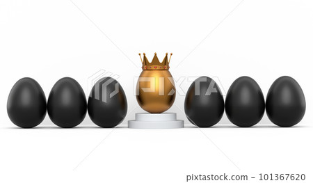 Group of farm black chicken eggs and unique egg with funny face and gold crown Group of farm black chicken eggs and unique egg with funny face and gold crown 101367620
