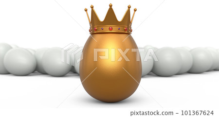 Crowd of farm white chicken eggs and unique gold egg in royal king crown Crowd of farm white chicken eggs and unique gold egg in royal king crown 101367624