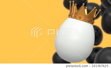 Flying black chicken eggs and unique white egg in gold royal king crown Flying black chicken eggs and unique white egg in gold royal king crown 101367625