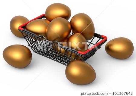 Luxury gold eggs in metal basket or paper cardboard for morning breakfast Luxury gold eggs in metal basket or paper cardboard for morning breakfast 101367642