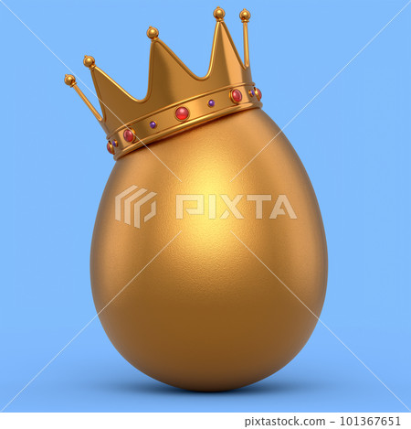 Farm organic gold egg with gold royal king crown on blue background Farm organic gold egg with gold royal king crown on blue background 101367651