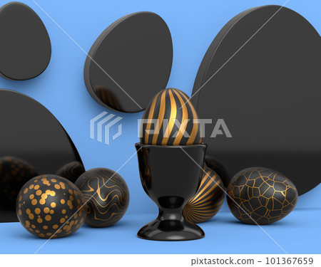 Golden and black Easter egg on podium and scattered eggs on blue background 101367659