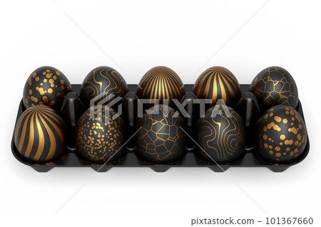 Golden and black Easter eggs in basket or tray and chocolate eggs Golden and black Easter eggs in basket or tray and chocolate eggs 101367660