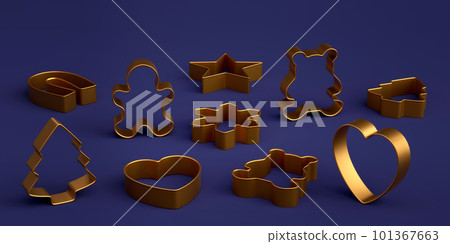 Set of metal cookie cutters for homemade Christmas biscuit on a blue background Set of metal cookie cutters for homemade Christmas biscuit on a blue background 101367663