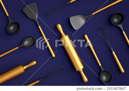 Wooden kitchen utensils, tools and equipment on blue background. 101367667