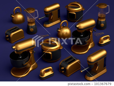 Electric kitchen appliances and utensils for making breakfast on blue background Electric kitchen appliances and utensils for making breakfast on blue background 101367679