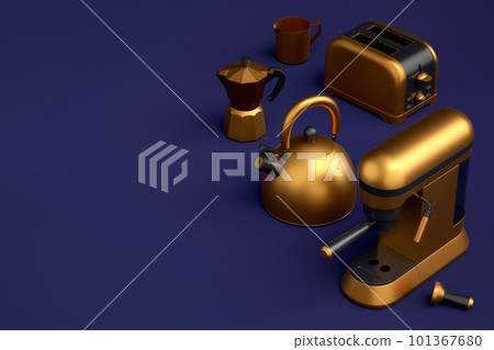 Kettle, toaster, coffee machine with horn and geyser coffee maker on blue Kettle, toaster, coffee machine with horn and geyser coffee maker on blue 101367680