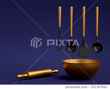 Metal bowl with kitchen utensil for preparation of dough on blue background. 101367683